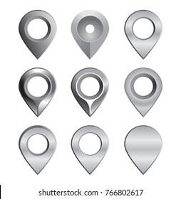 Metal Location Pins In Different Shapes. Vector Illustration Of A Set Of Straight Location Pins