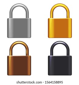 Metal lock 3d realistic security safeguard object decoration isolated on white set vector illustration