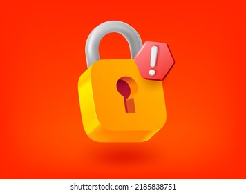 Metal lock with exclamation point pictogram. Vector 3d illustration