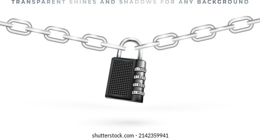 Metal lock with numeric code on steel chain - isolated on white background. Vector illustration.