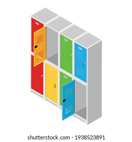 Metal locker door with key isolated on white background. Lockers in gym. Two level compartment. Isometric view. Vector