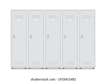 Metal locker storage cabinets for school, fitness club, gym, swimming pool realistic mockups. Wardrobe steel templates. Furniture store. Vector illustration isolated on white background.