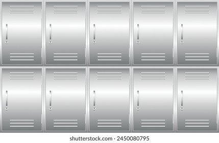 Metal locker storage cabinets for school, fitness club, gym, swimming pool realistic mockups. Wardrobe steel templates. Furniture store. Vector illustration