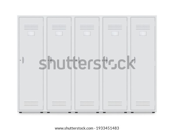 Metal\
locker storage cabinets for school, fitness club, gym, swimming\
pool realistic mockups. Wardrobe steel templates. Furniture store.\
Vector illustration isolated on white\
background.