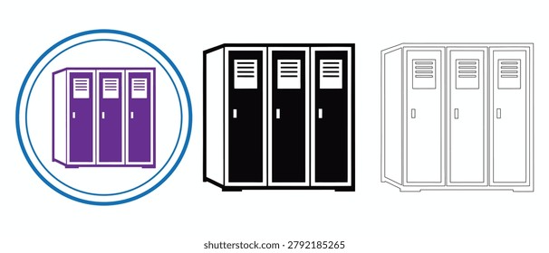 Metal lockers for changing rooms vector illustration. Set of three lockers in purple black and outline styles for gym.