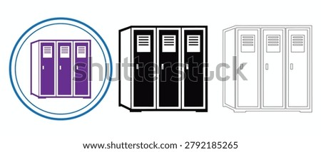 Metal lockers for changing rooms vector illustration. Set of three lockers in purple black and outline styles for gym.