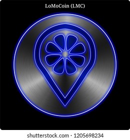 Metal LoMoCoin (LMC) cryptocurrency coin with blue neon glow.