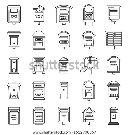 Metal mailbox icons set. Outline set of metal mailbox vector icons for web design isolated on white background
