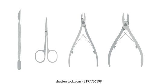 Metal Manicure Tools, Vector Illustration For Beauty School Guide, Nail Care Tutorial, Traditional Manicure And Pedicure Set