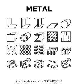 Metal Material Construction Beam Icons Set Vector. Pipe And Round Bar, Square And Diamond Plate, Angle And Brass, Expanded Sheet And Channel Metal Profile, Black Contour Illustrations