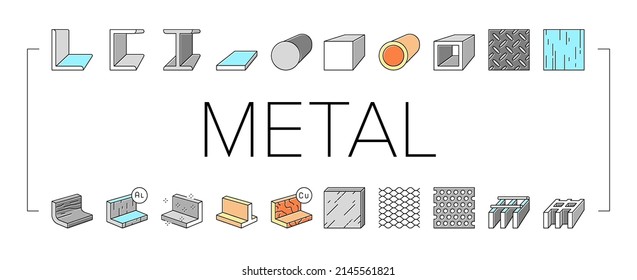 Metal Material Construction Beam Icons Set Vector. Pipe And Round Bar, Square And Diamond Plate, Angle And Brass, Expanded Sheet And Channel Metal Profile, Line. Color Illustrations
