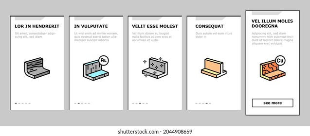 Metal Material Construction Beam Onboarding Mobile App Page Screen Vector. Pipe And Round Bar, Square And Diamond Plate, Angle And Brass, Expanded Sheet And Channel Metal Profile Illustrations
