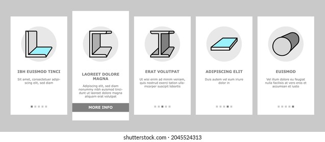 Metal Material Construction Beam Onboarding Mobile App Page Screen Vector. Pipe And Round Bar, Square And Diamond Plate, Angle And Brass, Expanded Sheet And Channel Metal Profile Illustrations