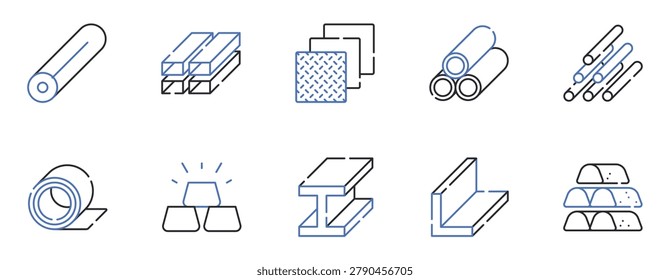 Metal Materials and Construction Supplies Line Icons Set Steel Pipe, Metal Beam, Sheet Metal, Steel Rod, Gold Bar, I Beam Editable Stroke Vector Illustration