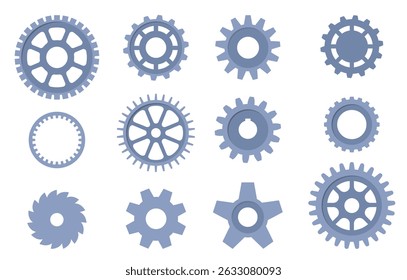 Metal mechanical gears. Silhouette cogwheels. Engineering construction. Engine repair. Mechanism assemble. Industrial equipment. Spinning cog wheel icon. Round shape. Vector flat rotate circles set