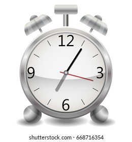 Metal mechanical realistic alarm clock, a clock showing five minutes after seven, end of the day, early morning