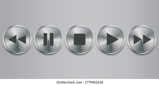 Metal media player buttons. Vector icons of chrome metal buttons.