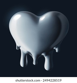 Metal melting heart 3d vector element on dark background. Chrome dripping y2k love sticker.