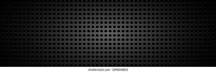 Metal Mesh Background. Black Perforated Metal. Steel Backdrop With Black Cells. Carbon Texture With Light Effect. Dark Sheet Metal. Composite Material. Vector Illustration.