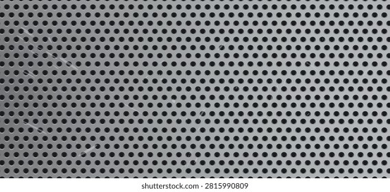 Metal mesh background with perforated plate texture, silver steel grate, circular holes, industrial grid design, speaker concepts. Chrome mesh modern wallpaper or banner poster cover. Vector illustration. 