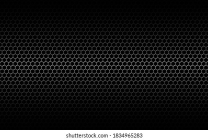 Metal mesh. Black hexagon grid with shadow and light. Dark industrial backdrop with cells. Perforated texture metal for poster, banner, web. Vector illustration.