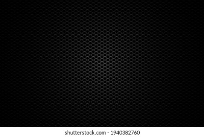 Metal mesh. Black perforated texture. Carbon backdrop with gradient light. Dark sheet metal. Steel plate with cells. Futuristic material. Vector illustration.