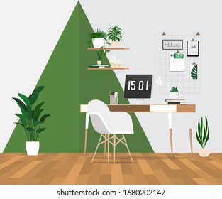 Organizador de mallas metálicas sobre una mesa con un monitor en una oficina doméstica con plantas.