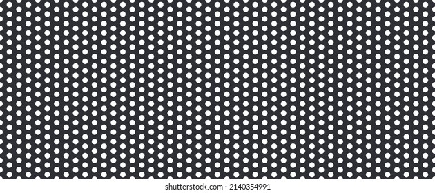 Metal mesh. Pattern of perforated metal. Black mesh texture. Perforated steel. Circle hole in steel plate. Iron sieve. Seamless background. Vector.