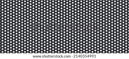 Metal mesh. Pattern of perforated metal. Black mesh texture. Perforated steel. Circle hole in steel plate. Iron sieve. Seamless background. Vector.