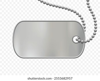 Metal military dog ​​tag on a chain. Template with copy space isolated on transparent background. Vector illustration