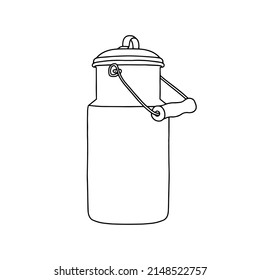 Metal milk jug with wooden handle. Linear, vector realistic illustration.