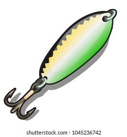 Metal minnow with triple hook isolated on white background. Vector cartoon close-up illustration.