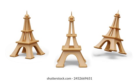 Metal model of Eiffel Tower. Realistic object in different positions. Symbol of France, Paris