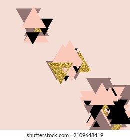 Metal Mosaic Vector Pink Background. Memphis Polygon Hipster Illustration. Golden Triangle Foil Pallpaper. Gold  Art Poster.