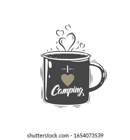Metal mug of hot coffee with heart-shaped steam. Art. Lettering. Typography. Vector illustration.