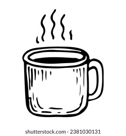 Metal mug hot drink sketch. Cup of tea or coffee. Hand drawn illustration.