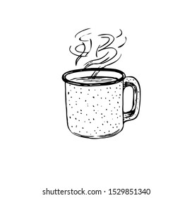 Metal mug for  with steam in line art style.