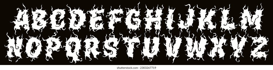 Metal music alphabet.Witchy font.Grungy white typeset on black background.Custom lettering.
