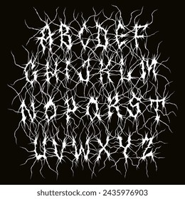 Metal music band font. Death metal alphabet on black background.