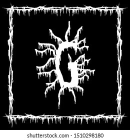 Metal music band font.White smudged and tattered letter on black background.