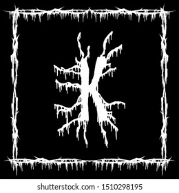 Metal music band font.White smudged and tattered letter on black background.
