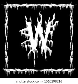 Metal music band font.White smudged and tattered letter on black background.