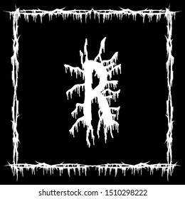 Metal music band font.White smudged and tattered letter on black background.