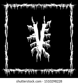 Metal music band font.White smudged and tattered letter on black background.