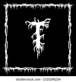 Metal music band font.White smudged and tattered letter on black background.