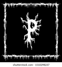 Metal music band font.White smudged and tattered letter on black background.