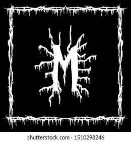 Metal music band font.White smudged and tattered letter on black background.