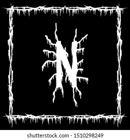 Metal music band font.White smudged and tattered letter on black background.