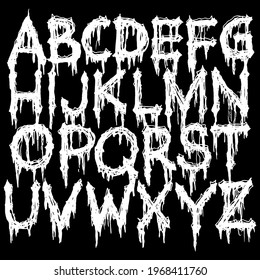 Metal Music Band Font.White Smudged And Tattered Alphabet On Black Background.