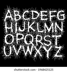 Metal music band font.White tattered alphabet on black background.